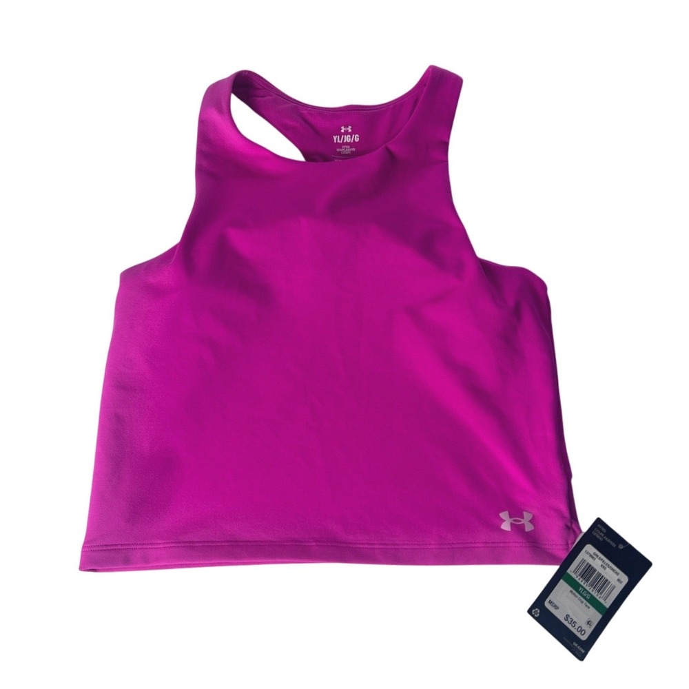 Under Armour Girls Motion Crop Tank Pink Racerback Shelf Bra 1379983 YLG NEW